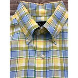 Jos A Bank LINEN Shirt Travelers Collection Medium Blue Yellow Plaid Button Down